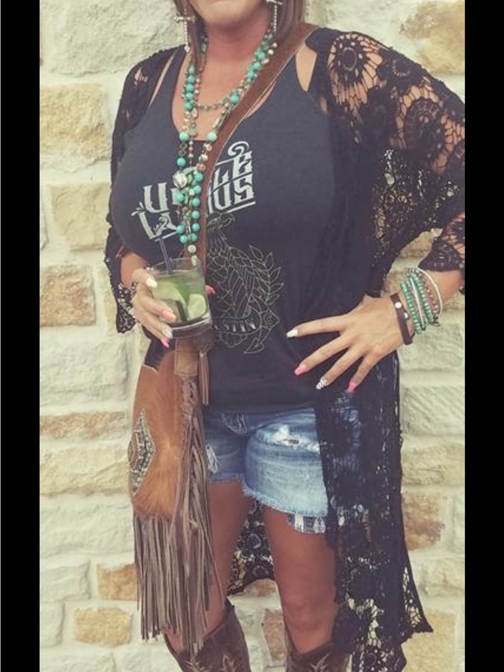 Fringed Western Crossbody Bag with Turquoise Accent - Brown